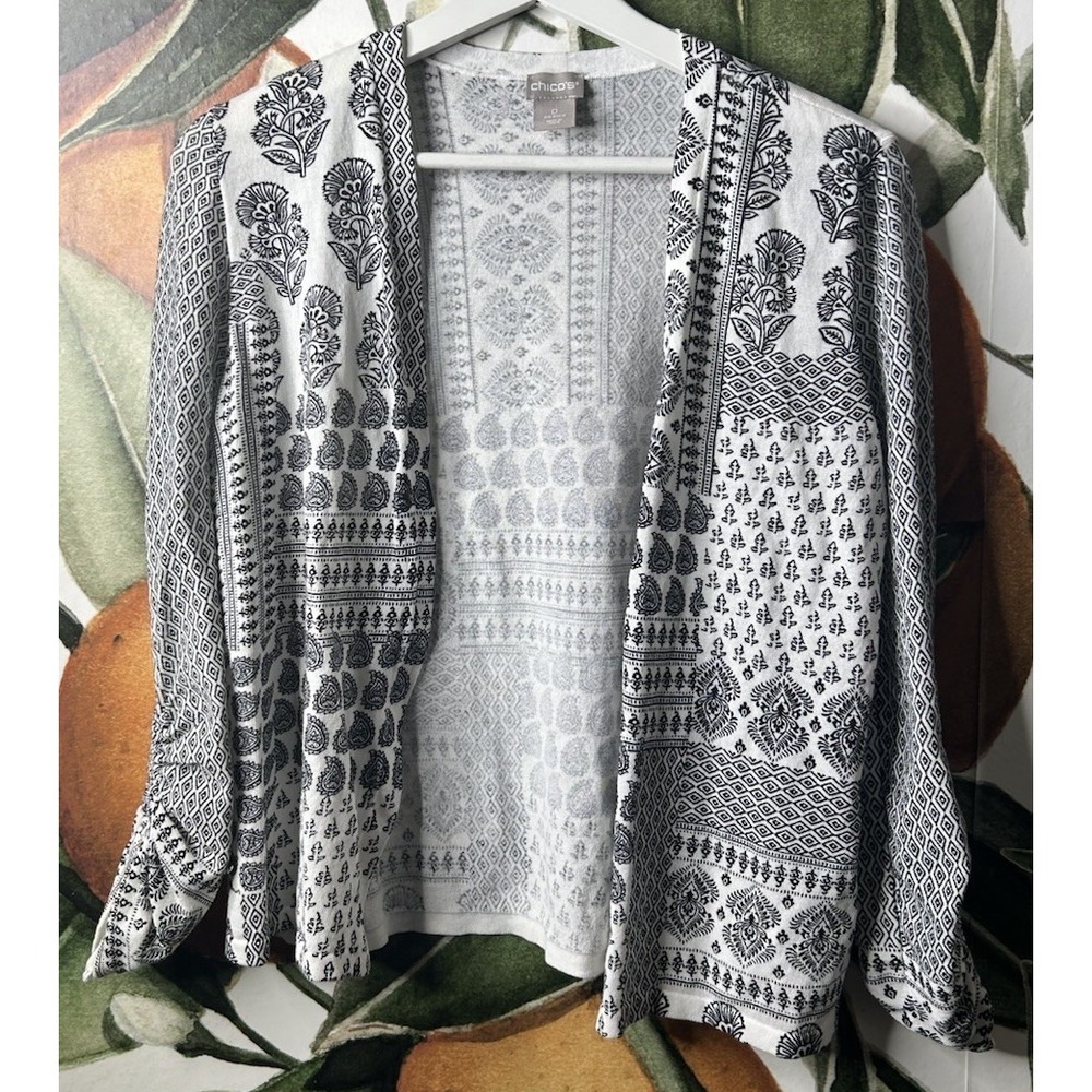 Chicos Size 0 Small Cotton Blend Open Cardigan Sweater Shirred Sleeves